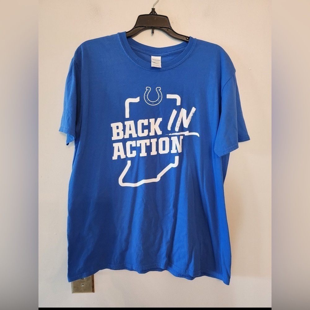 Indianapolis Colts Back In Action Gildan Softstyle T-Shirt mens size L Blue